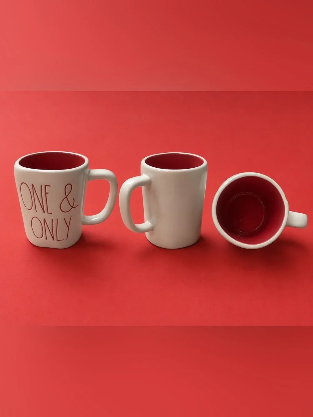 Rae Dunn White Ceramic Mug with Red Interior and Red Lettering